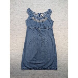 y2k‎ Faded Glory Dress Womens Medium Denim Sleeveless Embroidered Floral Boho